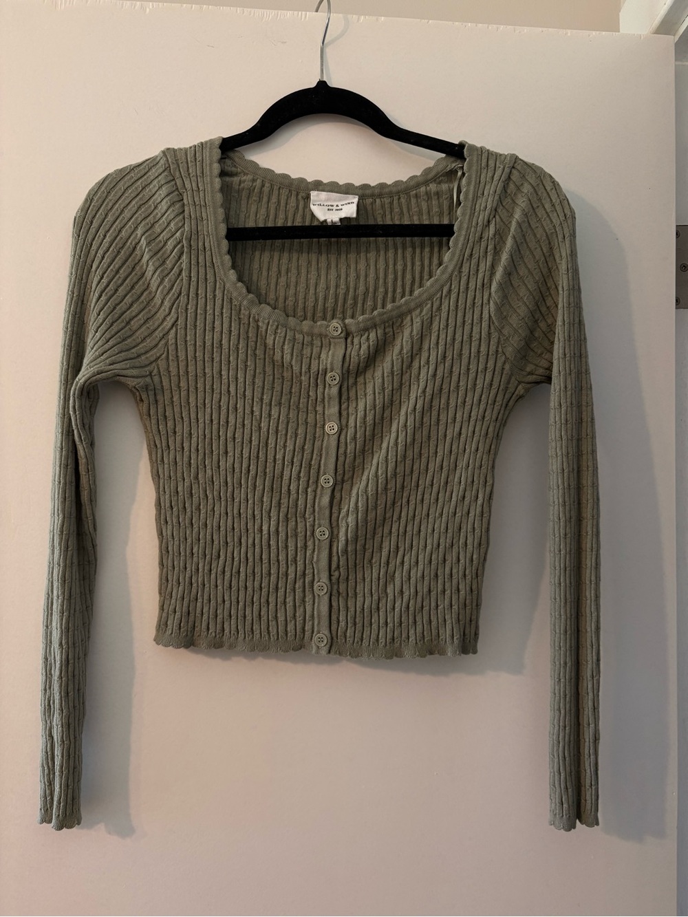 Willow and Wind Ribbed Scoop Neck Button-Front Long Sleeve Top - Sage Green